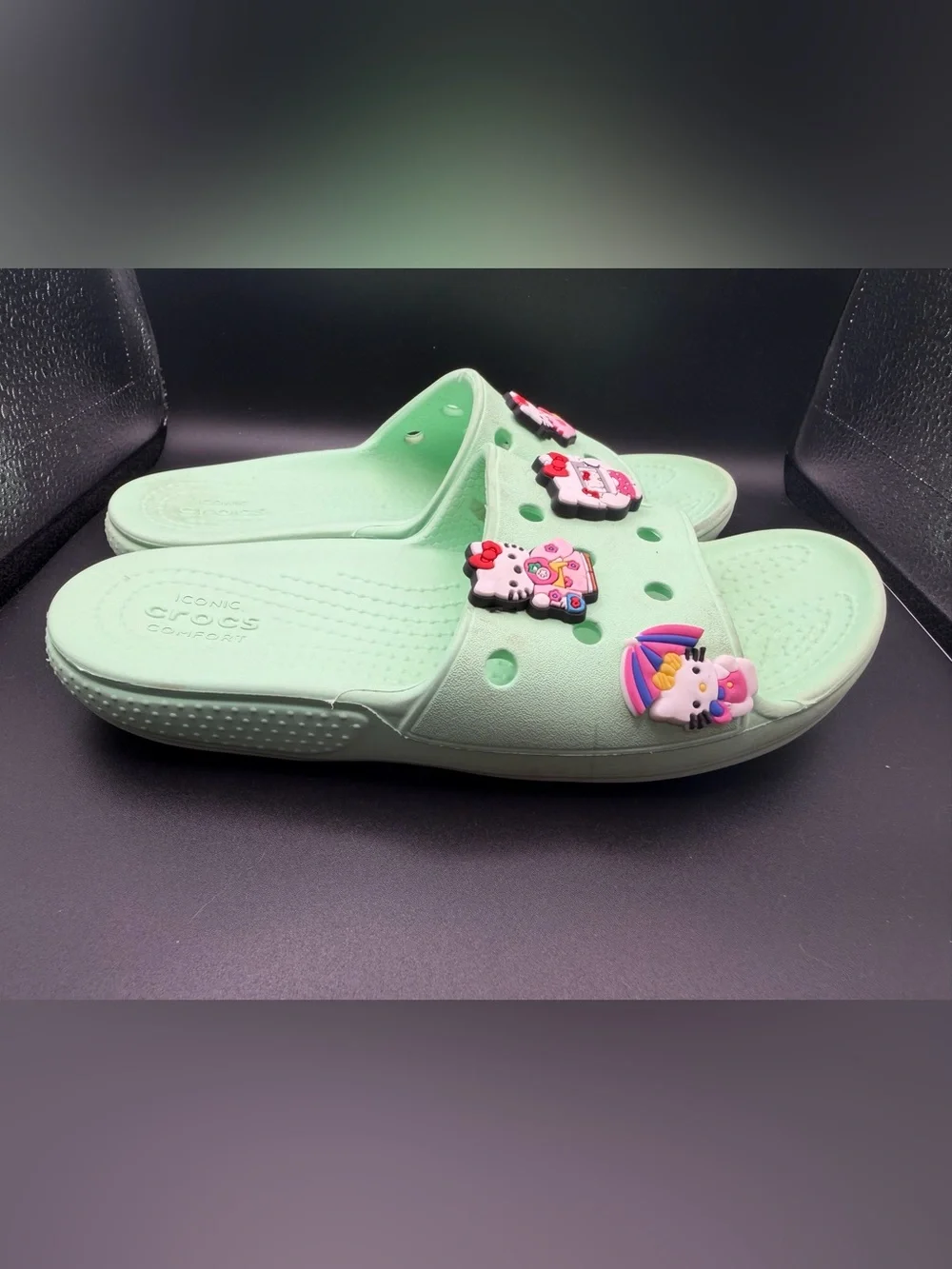 CROCS Kids Light Mint Green Slide Sandals with Hello Kitty Charm Size 2